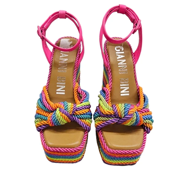 Gianni Bini Wedge Platform Sandal Women's Size 6 Leena Rainbow Cord Striped NEW - Picture 2 of 13
